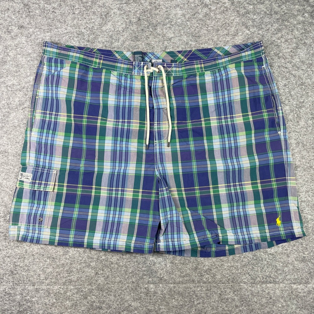 Polo Ralph Lauren Swim Trunks Mens 4XB Big Blue Green Plaid Cargo Mesh Lined